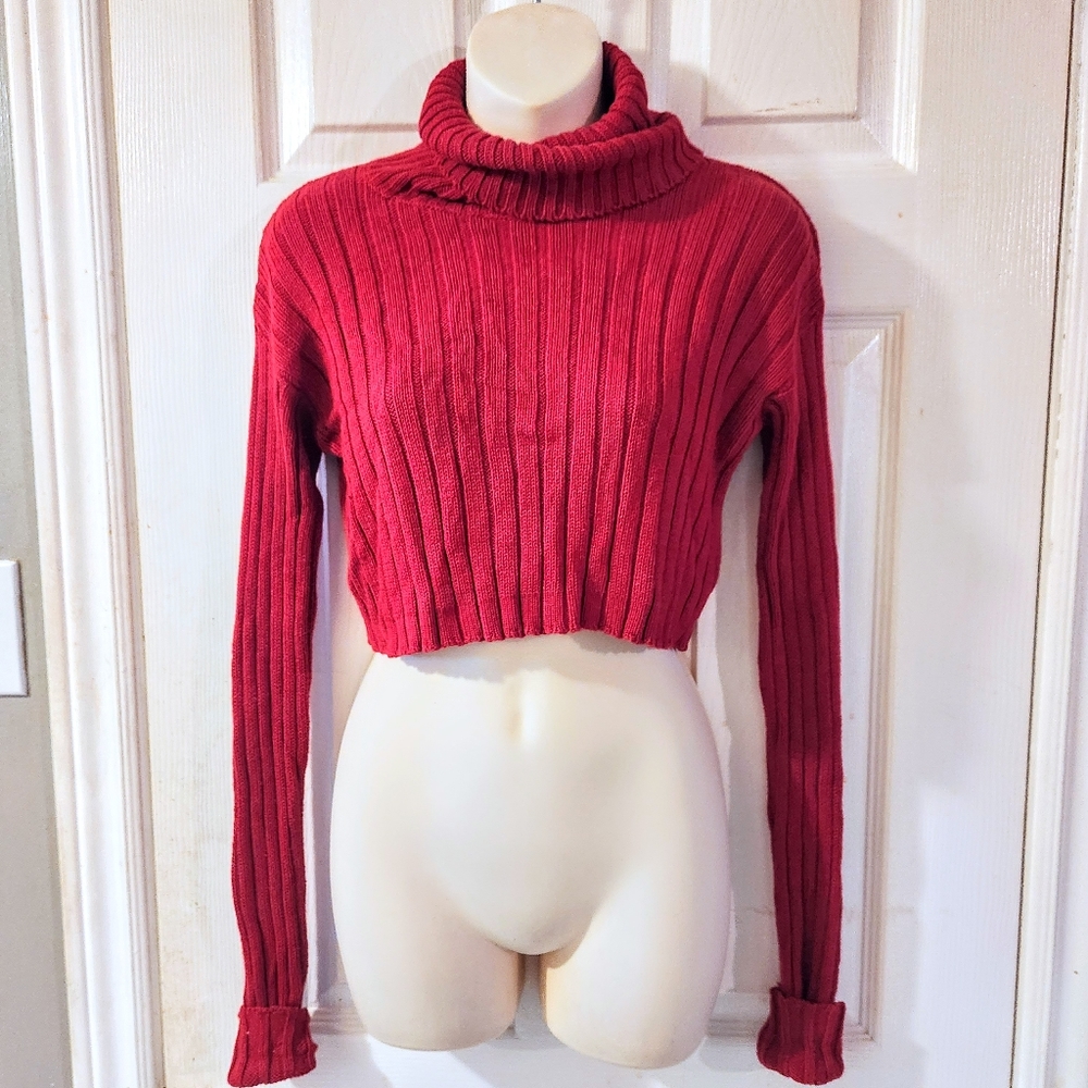 Revamped Cropped Turtleneck Sweater Cherry Red